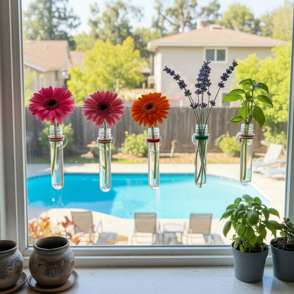 Hydroponic rooting tubes attached to window for bright natural light